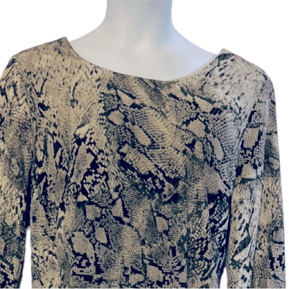 ⭐️DEX Shift Satin Matte Office Casual Dinner Party Snake Print Tan Beige Dress - Picture 7 of 14